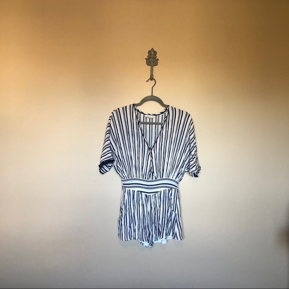 Blue, tan, & white striped romper 214